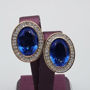 Daniel Swarovski Co - 1980’s Signed Rare NAVY Clear Crystal Oval Clip Earrings